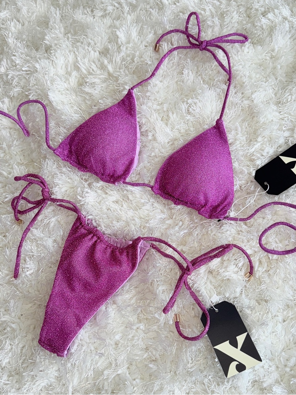 NWT EAST X EAST SHIMMER PURPLE GLITTER Sparkle Bikini THONG ADJUSTABLE VIX PQ